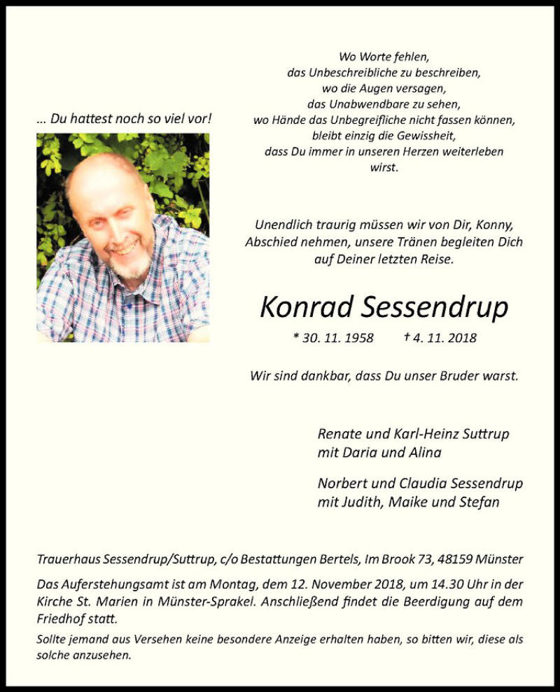  Traueranzeige für Konrad Sessendrup vom 07.11.2018 aus Westfälische Nachrichten
