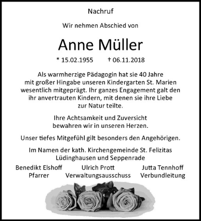  Traueranzeige für Anne Müller vom 17.11.2018 aus Westfälische Nachrichten