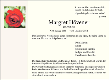 Anzeige von Margret Hövener von Westfälische Nachrichten