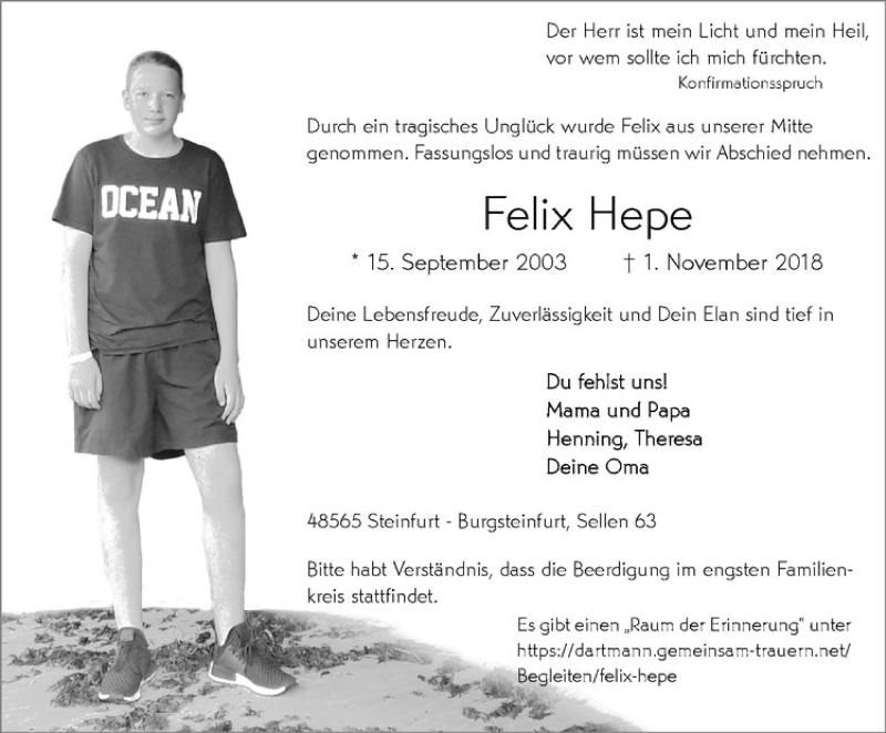  Traueranzeige für Felix Hepe vom 05.11.2018 aus Westfälische Nachrichten