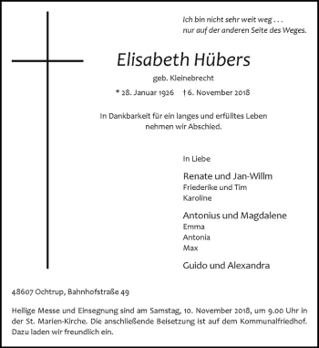 Anzeige von Elisabeth Hübers von Westfälische Nachrichten