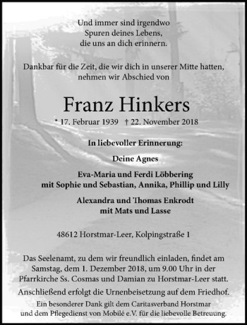 Anzeige von Franz Hinkers von Westfälische Nachrichten