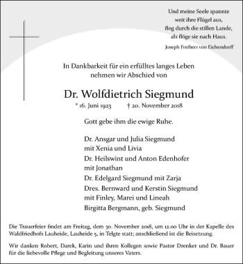 Anzeige von Wolfdietrich Siegmund von Westfälische Nachrichten