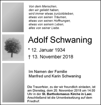 Anzeige von Adolf Schwaning von Westfälische Nachrichten