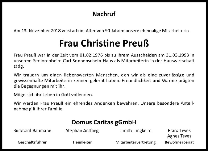  Traueranzeige für Christine Preuß vom 17.11.2018 aus Westfälische Nachrichten