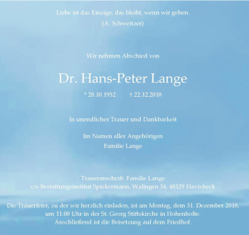 Anzeige von Hans-Peter Lange von Westfälische Nachrichten