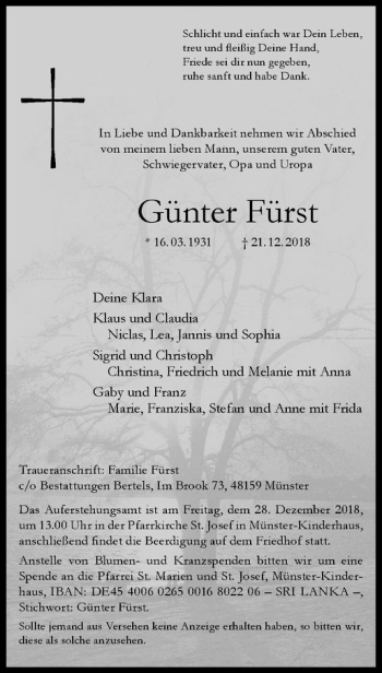 Anzeige von Günter Fürst von Westfälische Nachrichten