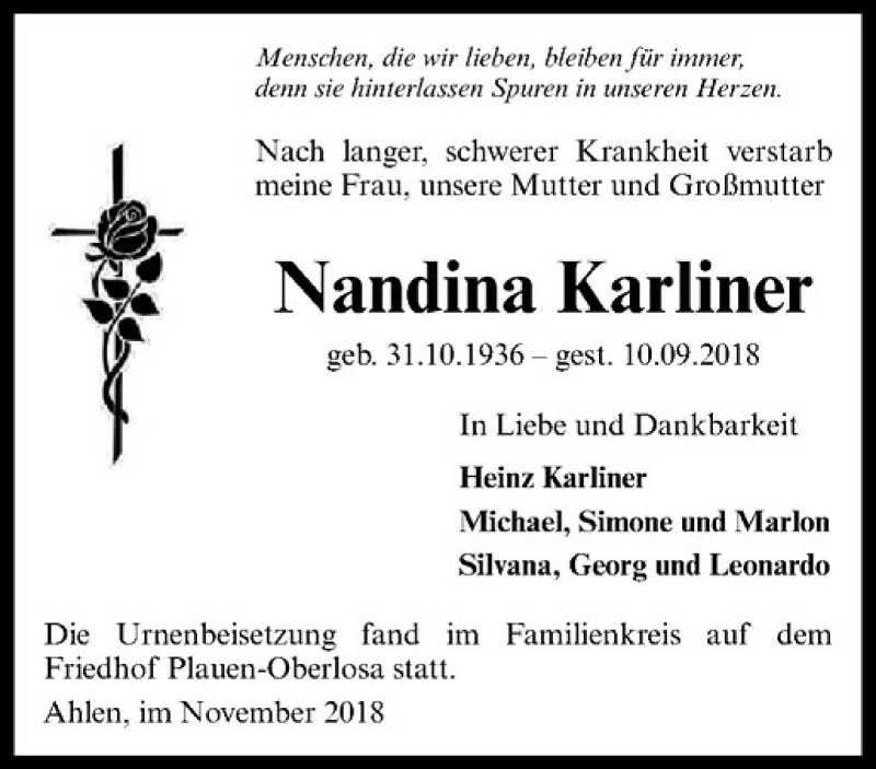  Traueranzeige für Nandina Karliner vom 01.12.2018 aus Westfälische Nachrichten