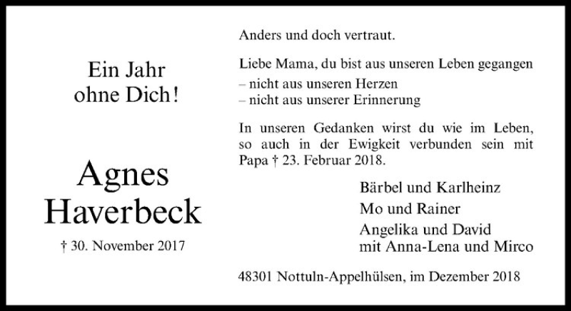  Traueranzeige für Agnes Haverbeck vom 01.12.2018 aus Westfälische Nachrichten