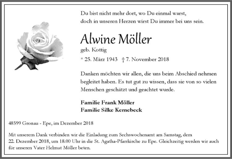  Traueranzeige für Alwine Möller vom 17.12.2018 aus Westfälische Nachrichten