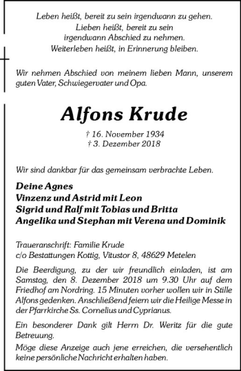 Anzeige von Alfons Krude von Westfälische Nachrichten