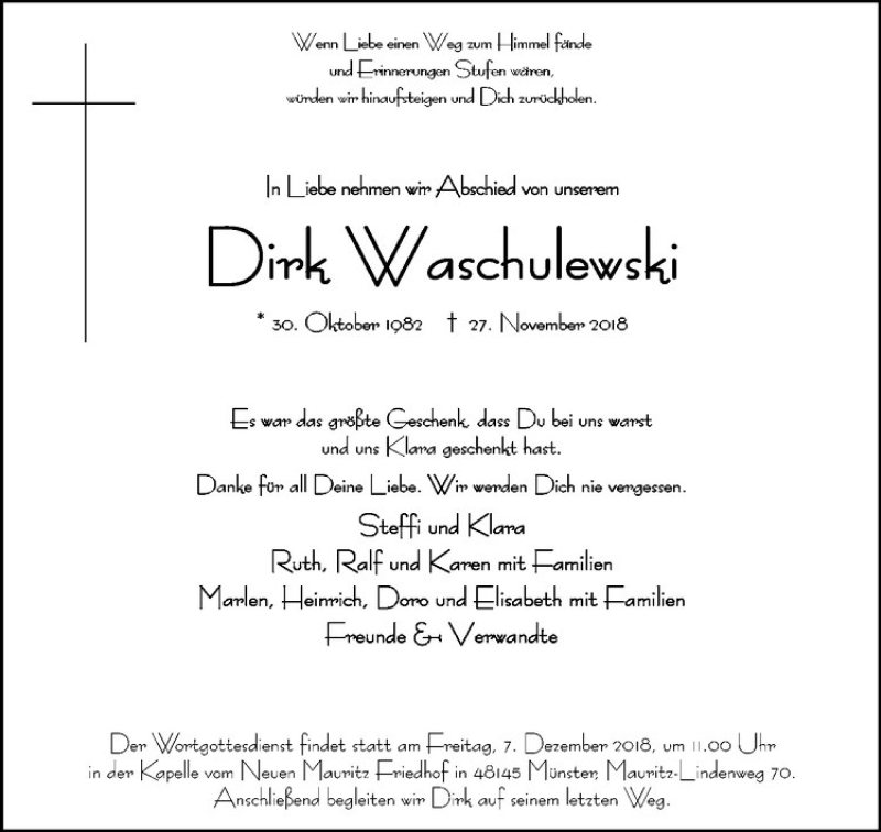  Traueranzeige für Dirk Waschulewski vom 01.12.2018 aus Westfälische Nachrichten