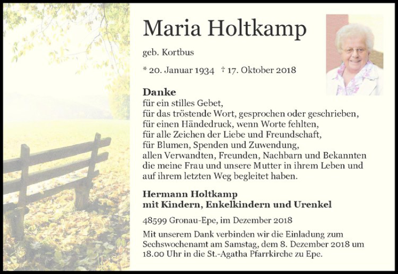  Traueranzeige für Maria Holtkamp vom 05.12.2018 aus Westfälische Nachrichten