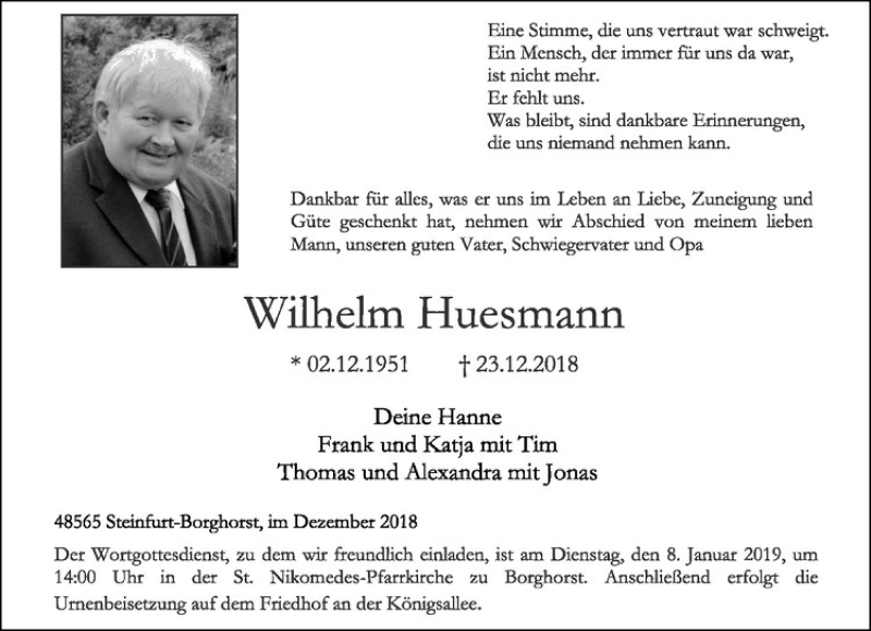  Traueranzeige für Wilhelm Huesmann vom 29.12.2018 aus Westfälische Nachrichten