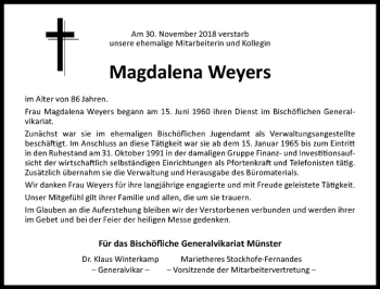 Anzeige von Magdalena Weyers von Westfälische Nachrichten
