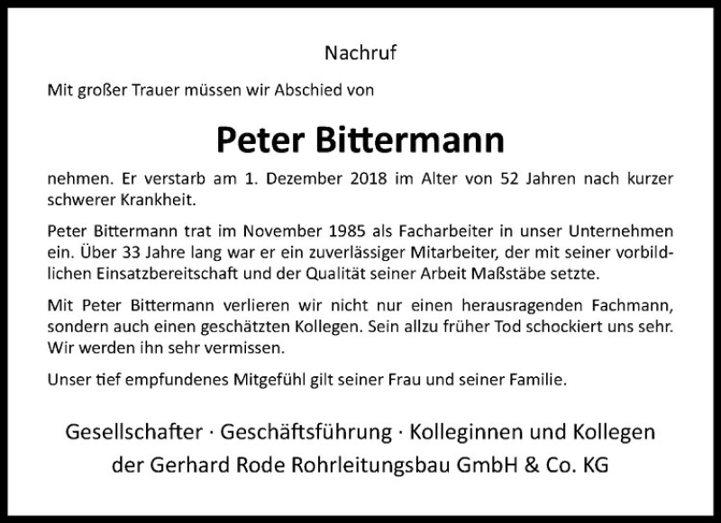  Traueranzeige für Peter Bittermann vom 05.12.2018 aus Westfälische Nachrichten