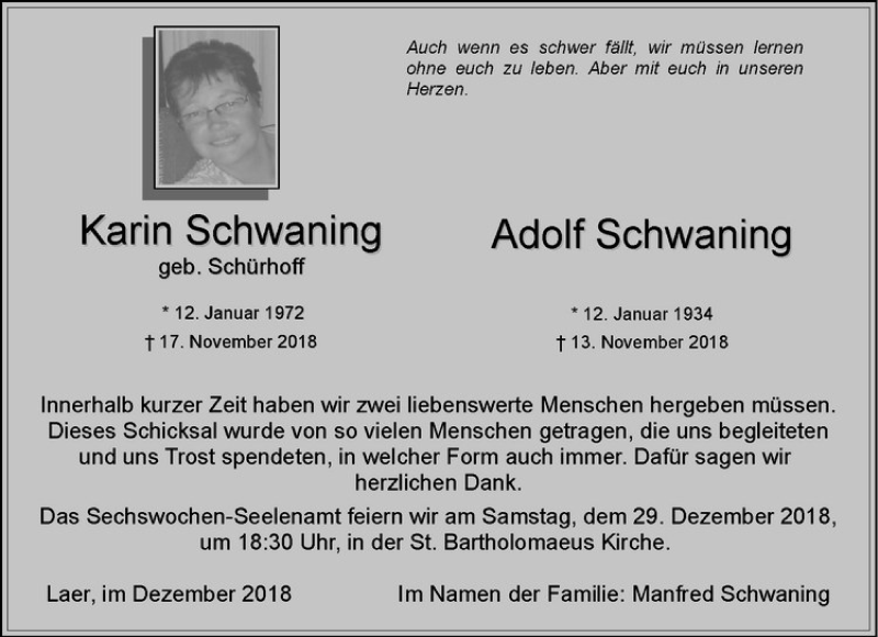  Traueranzeige für Karin Schwaning vom 22.12.2018 aus Westfälische Nachrichten