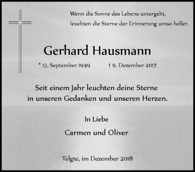  Traueranzeige für Gerhard Hausmann vom 08.12.2018 aus Westfälische Nachrichten