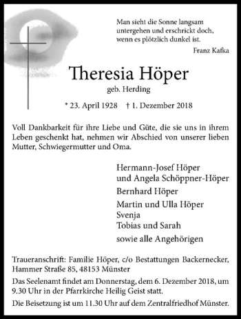 Anzeige von Theresia Höper von Westfälische Nachrichten