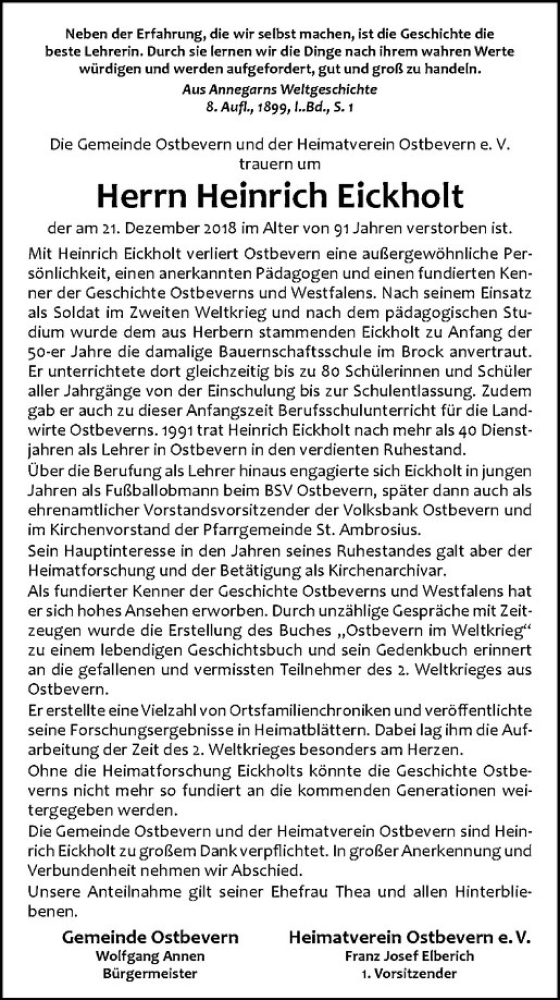  Traueranzeige für Heinrich Eickholt vom 29.12.2018 aus Westfälische Nachrichten