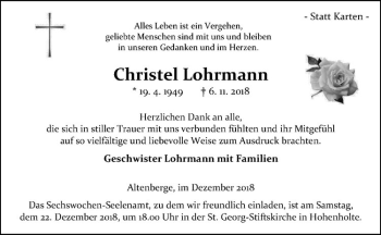 Anzeige von Christel Lohrmann von Westfälische Nachrichten