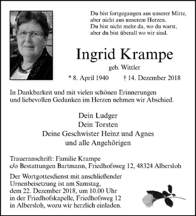  Traueranzeige für Ingrid Krampe vom 19.12.2018 aus Westfälische Nachrichten