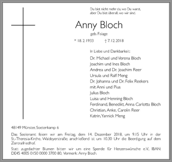 Anzeige von Anny Bloch von Westfälische Nachrichten