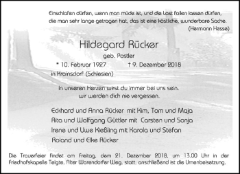 Anzeige von Hildegard Rücker von Westfälische Nachrichten