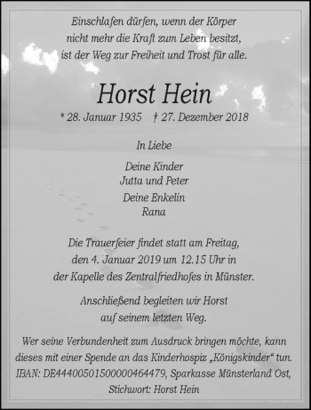 Anzeige von Horst Hein von Westfälische Nachrichten