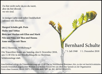 Anzeige von Bernhard Schulte von Westfälische Nachrichten