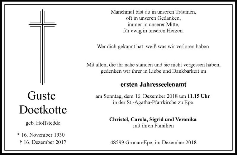  Traueranzeige für Guste Doetkotte vom 11.12.2018 aus Westfälische Nachrichten