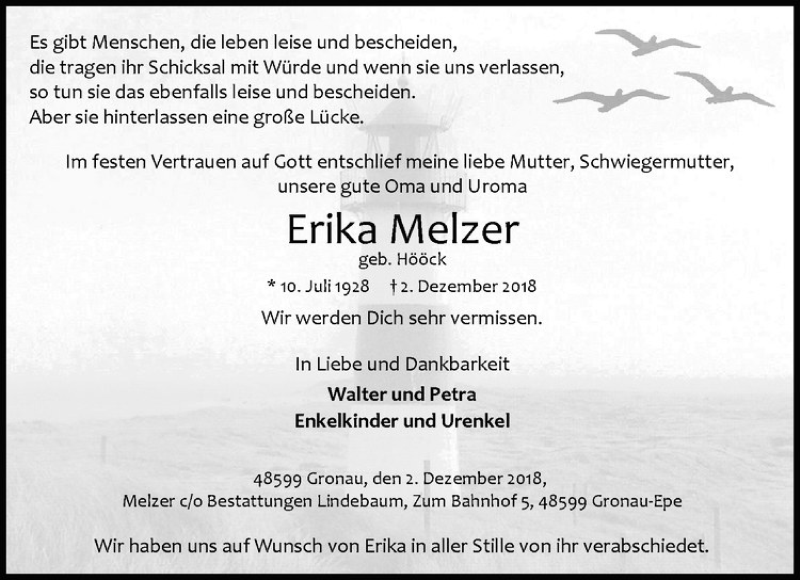  Traueranzeige für Erika Melzer vom 10.12.2018 aus Westfälische Nachrichten