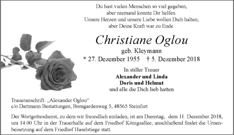  Traueranzeige für Christiane Oglou vom 08.12.2018 aus Westfälische Nachrichten