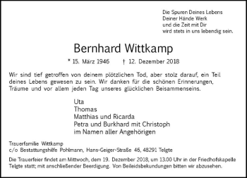 Anzeige von Bernhard Wittkamp von Westfälische Nachrichten