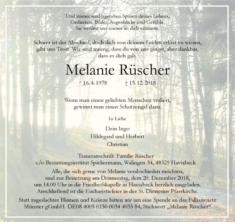 Traueranzeige für Melanie Rüscher vom 18.12.2018 aus Westfälische Nachrichten