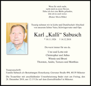 Anzeige von Karl Sabusch von Westfälische Nachrichten