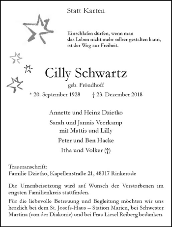 Anzeige von Cilly Schwartz von Westfälische Nachrichten