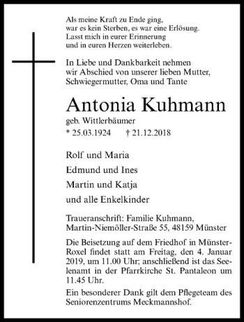 Anzeige von Antonia Kuhmann von Westfälische Nachrichten
