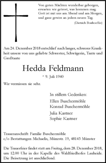 Anzeige von Hedda Feldmann von Westfälische Nachrichten