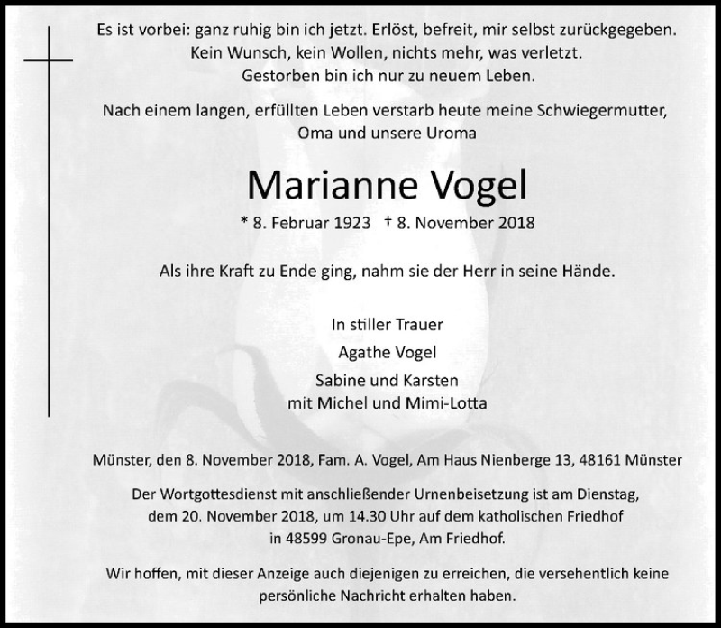  Traueranzeige für Marianne Vogel vom 17.11.2018 aus Westfälische Nachrichten