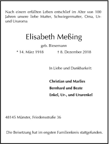 Anzeige von Elisabeth Meßing von Westfälische Nachrichten