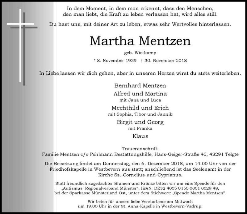  Traueranzeige für Martha Mentzen vom 04.12.2018 aus Westfälische Nachrichten