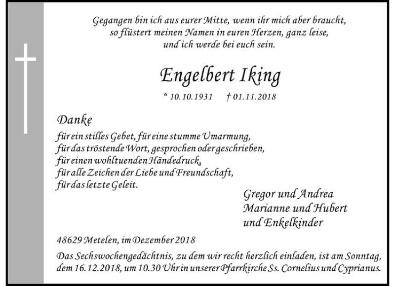  Traueranzeige für Engelbert Iking vom 13.12.2018 aus Westfälische Nachrichten