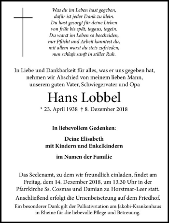 Anzeige von Hans Lobbel von Westfälische Nachrichten