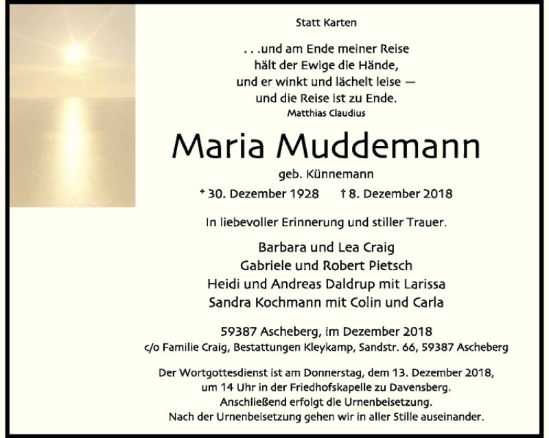  Traueranzeige für Maria Muddemann vom 12.12.2018 aus Westfälische Nachrichten