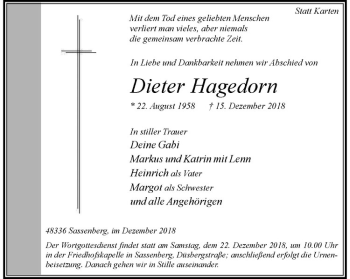 Anzeige von Dieter Hagedorn von Westfälische Nachrichten