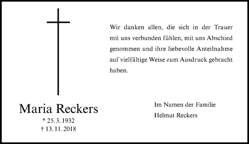  Traueranzeige für Maria Reckers vom 22.12.2018 aus Westfälische Nachrichten