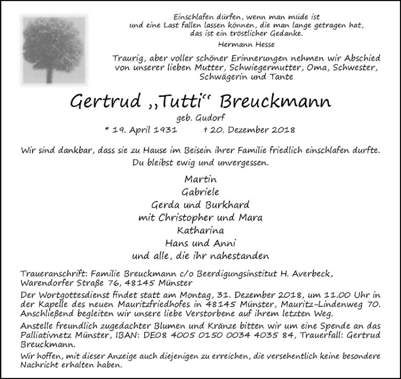  Traueranzeige für Gertrud Breuckmann vom 28.12.2018 aus Westfälische Nachrichten