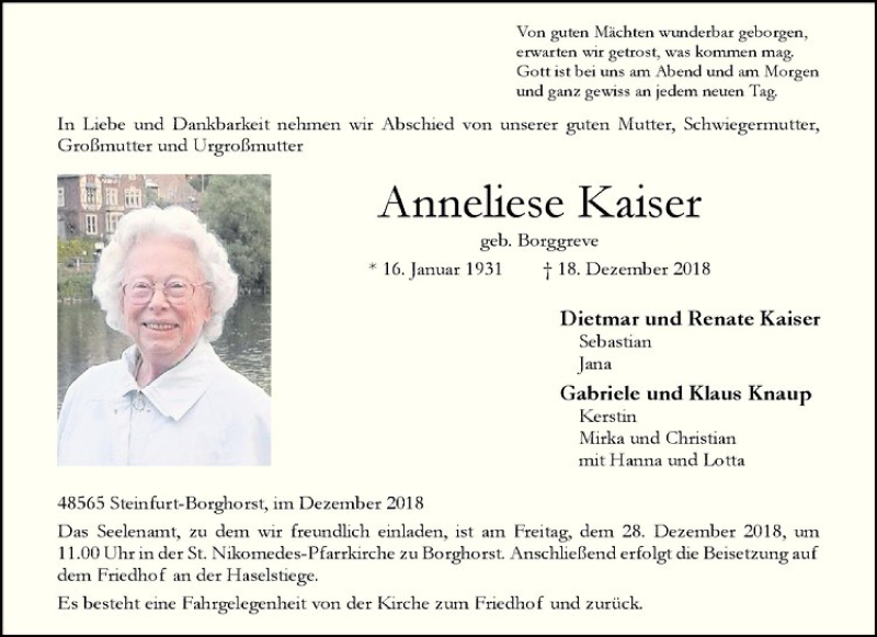  Traueranzeige für Anneliese Kaiser vom 22.12.2018 aus Westfälische Nachrichten