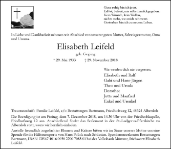 Anzeige von Elisabeth Leifeld von Westfälische Nachrichten